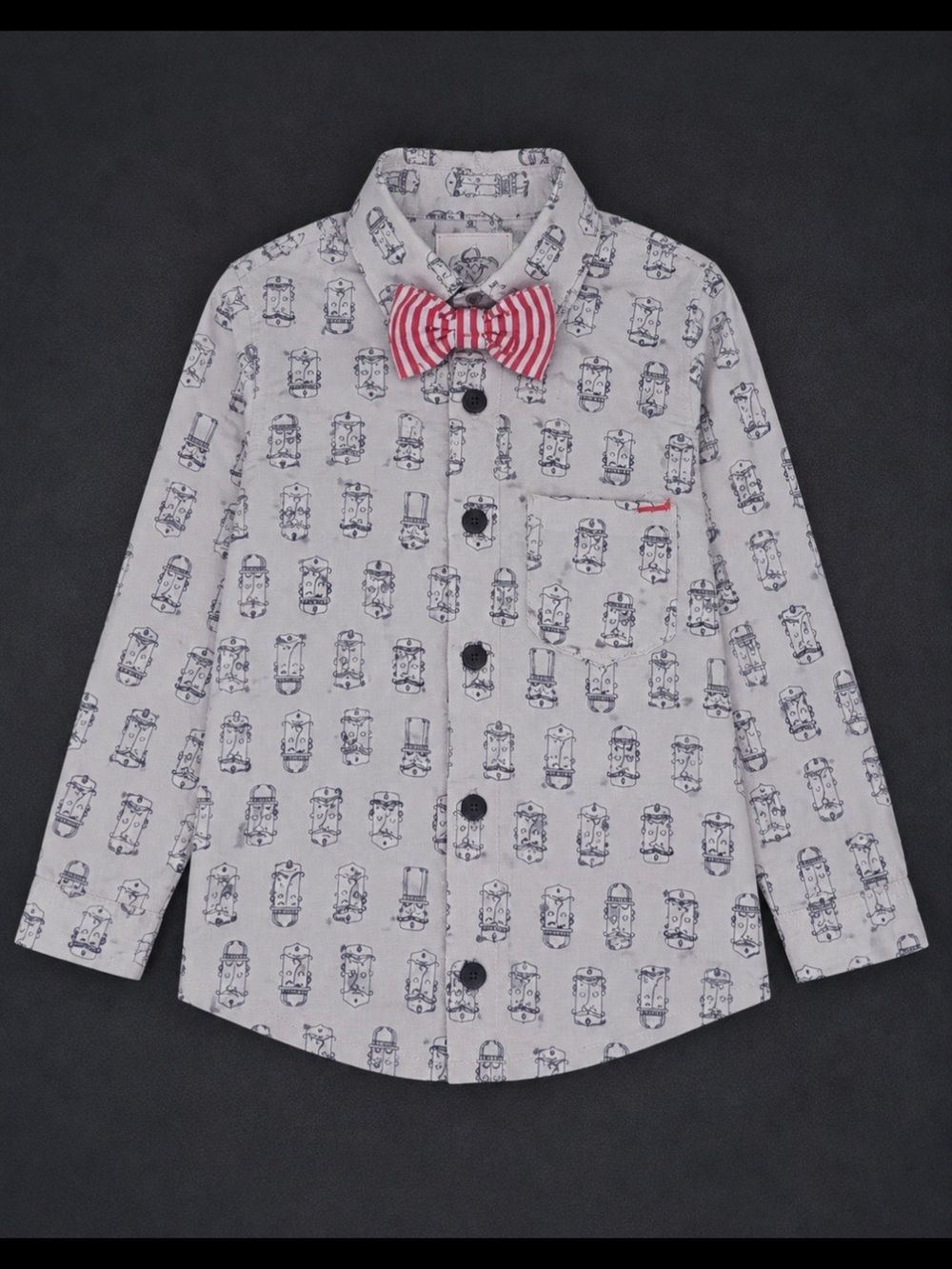 Pl Kids White Printed Button-Up Shirt with Red Bow Tie Size 4